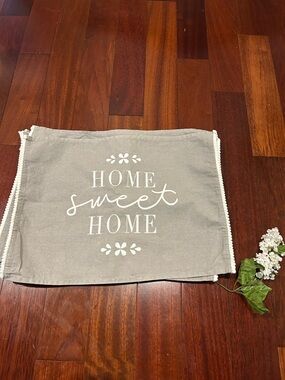 Home Sweet Home Placemats set of 8 - Neutral Gray w White Pom Pom Trim Farmhouse